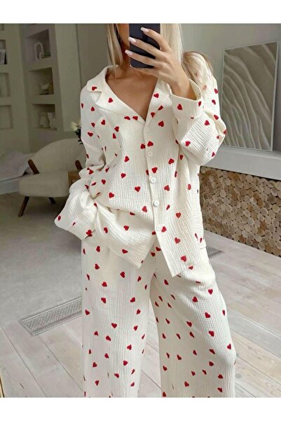 CDP Color de Piel Heart Patterned Corded Fabric Muslin Fabric Pajama Set with...