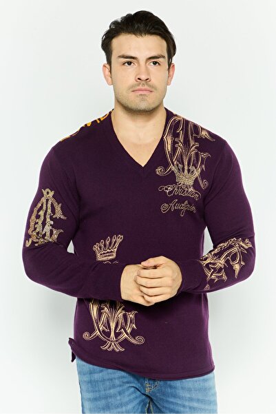 Christian Audigier Men V-Neck Embellished Sweater, Purple