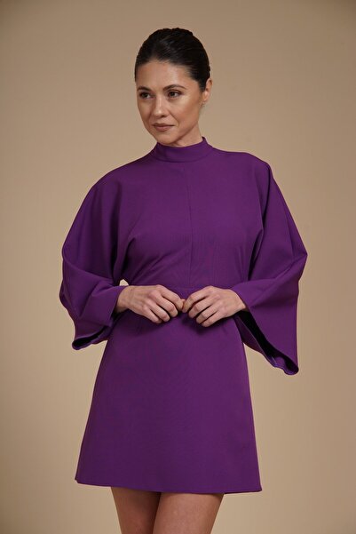 Velinna Purple stretch crepe kimono mini dress with high collar and flared sl...