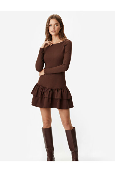 Koton Rochie mini bodycon cu mâneci lungi, guler rotund straturi, cu volane