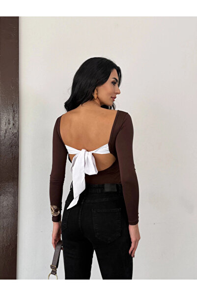 hazelin Bluză maro pentru femei, cu mâneci lungi, cu fundă, fără spate, HZL25...