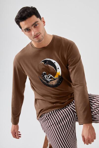 koza iç giyim Men's Cotton Long Sleeve Top Astronaut Printed Lower Stripe Paj...