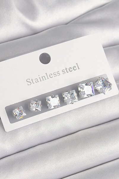 shopwave طقم أقراط نسائية من الفولاذ الفضي اللون مربع الزركون 316L