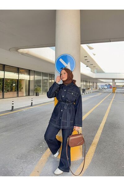 Podyum Park Kuşaklı Oversize Denim Ceket & Geniş Paça Kot Pantolon Takım – La...