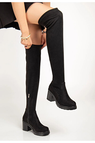 Budi Özssa 767-3010 Black Suede Stretch Daily Thick Heeled Women's Boots