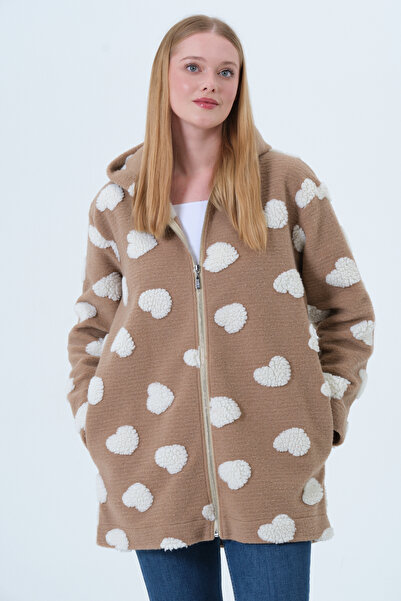 MSW Women's Heart Embossed Hooded Regular Fit Zippered Coat