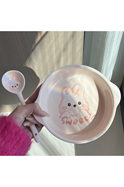 Choice Set 3 Pink Rabbit 1/2 Set Ceramic Bowl with 2 Handles & Spoon, Large-C...