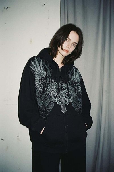 Karakedi Black South Pole Gothic Wing Grunge Y2K Unsiex Hooded Cardigan