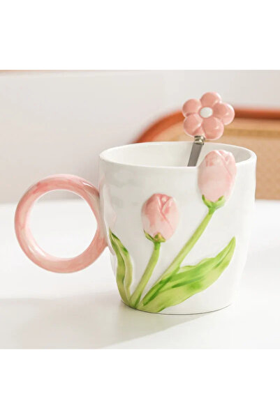 Choice كوب سيراميك وردي اللون بسعة 500 مل، مزين بنقشة زهرة التوليب ثلاثية الأ...