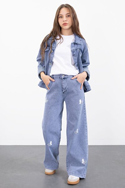 Cansın Mini طقم جينز للفتيات مع سترة مطرزة بفراشة زرقاء وأزرار وبنطلون 23446