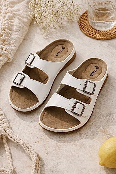 Enova Kadın Beyaz ortopedik Çift Tokalı anatomik tabanlı günlük yazlık Terlik