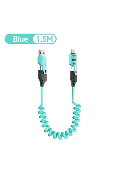 Choice 1.5m Blue 4 in 1 65W Spring Short Data Cable 6A USB Type C Spring Tele...