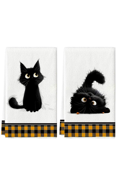 Choice طقم مناشف مطبخ أسود مكون من قطعتين، مزين برسومات قطة سوداء صغيرة، بنقش...