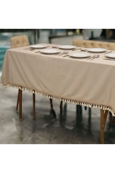 DNC home tekstil Premium Bej Keten Kahverengi Şeritli Masa Örtüsü