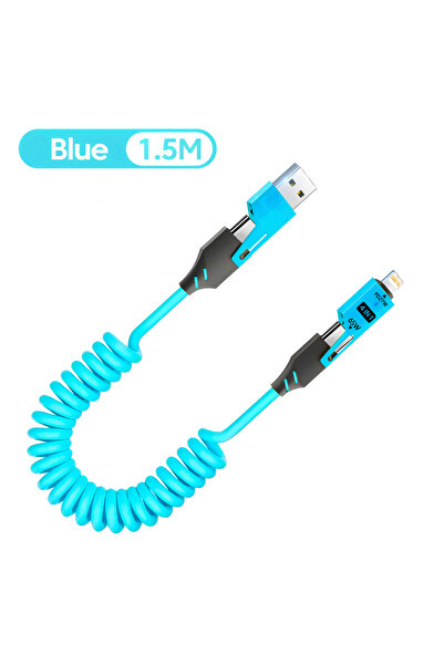 Choice كابل بيانات قصير زنبركي أزرق 65 واط 4 في 1، 6 أمبير، USB من النوع C، س...