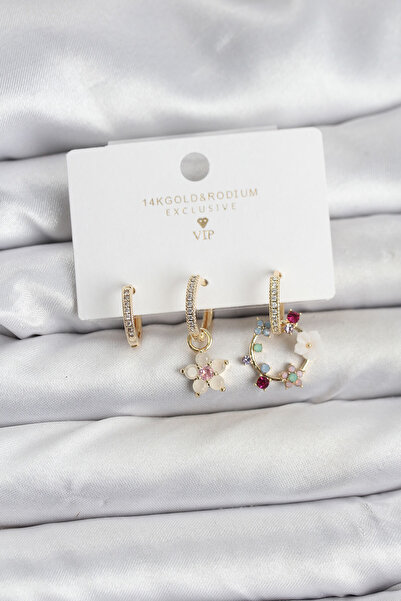 Clariss Çiçek Model Gold Renk Pirinç 3'lü Kadın Küpe Seti