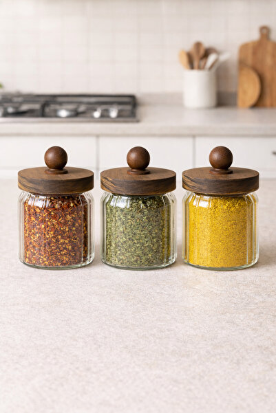 Kitchen Way Acacia Gasket Lid 3-Piece Borosilicate 450ml Jar Set Kw-760