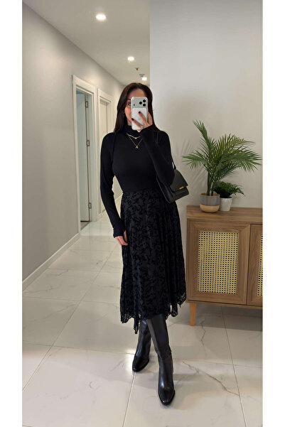 BİRCANÇİL Wusira Black Patterned Lined Skirt