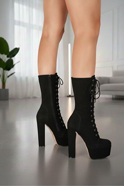 Tarz Topuklar Дамски ботуши с дебел ток от черна велурена платформа Duke