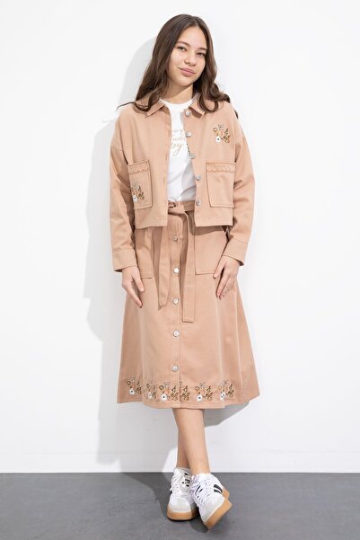 Cansın Mini Καφέ Κέντημα Λεπτομερές Τζιν Μπουφάν με Φούστα με Ζώνη Κοριτσίστι...