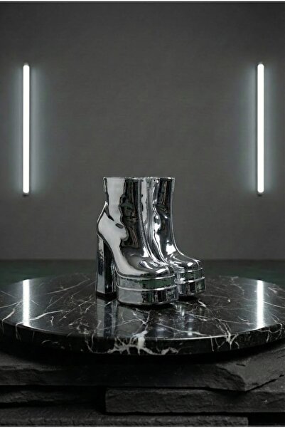 Tarz Topuklar Cizme de damă Vegaaa Silver Mirror Square Toe cu platformă dubl...