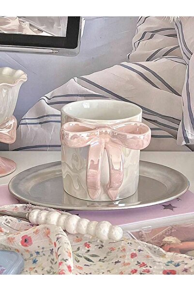 Choice كوب سيراميك وردي اللون بتصميم أنيق على شكل فيونكة، سعة 301-400 مل، يتم...