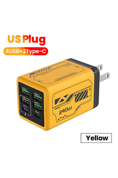 Choice شاحن هاتف محمول أصفر اللون، بقوة 240 واط، بستة منافذ (4 منافذ USB + من...