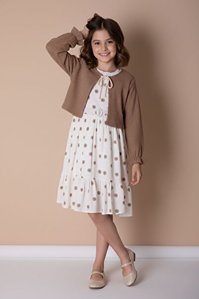 Cansın Mini Set rochie pentru fetiță cu model floral și bolero maro 23506