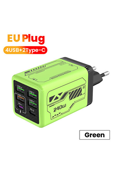Choice green EU 240W 6 Ports 4USB+2Type C Super Fast Charging Mobile Phone Ch...