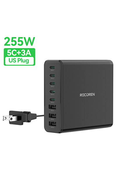 Choice شاحن روكورين 185 واط، 8 في 1، منفذ USB من النوع C، قابس أوروبي أسود، ش...