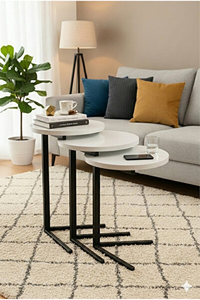 PEKA Üçlü C Sehpa Zigon Sehpa Metal Ayaklı 3’lü Set Yuvarlak