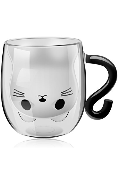 Choice كوب قهوة شفاف اللون بسعة ٢٥٠-٣٠٠ مل بتصميم ذيل قطة، مناسب للقهوة والشا...