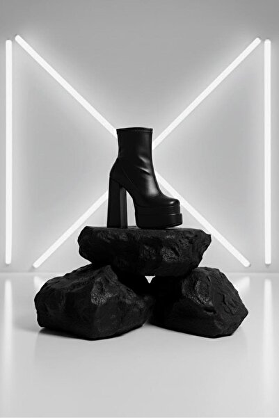 Tarz Topuklar Maverickkk Black Leather Women's Double Platform Thick Heel Boots