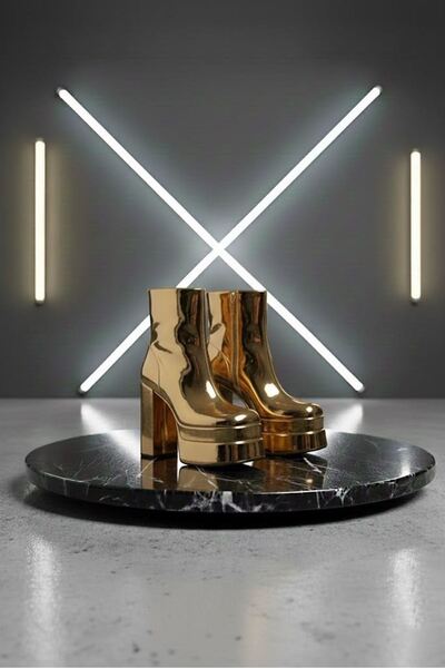 Tarz Topuklar Cizme de damă Vegaaa Gold Mirror Square Toe cu platformă dublă ...