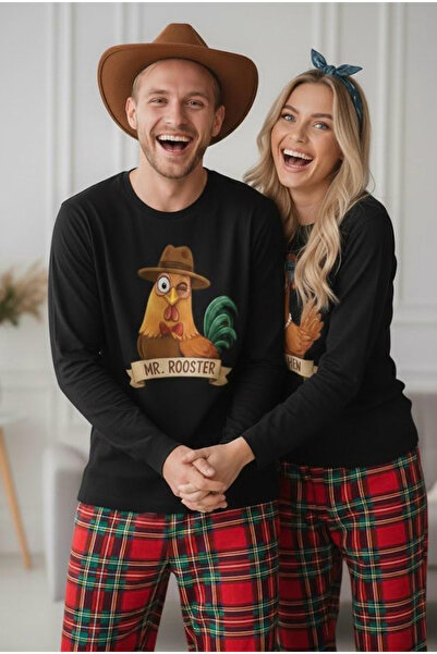 Siyah İnci Men's Black Red Plaid Fun Rooster Printed Knitted Pajama Suit 7969