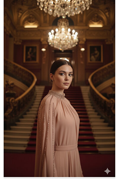 makbuleofficial Bej Renk İpekli Şifon, İşlemeli Tesettür Abiye Elbise