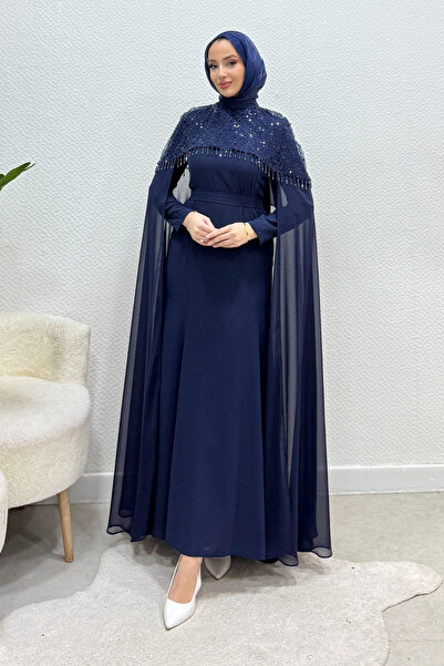 Tesettür Diyarı Büyük Beden Taşlı Pelerinli Krep Tesettür Abiye- Lacivert