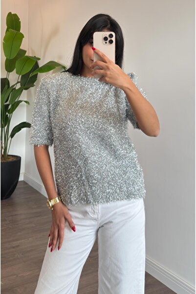 Mahhar Angora Simli Kısa Kol Kazak - GÜMÜŞ