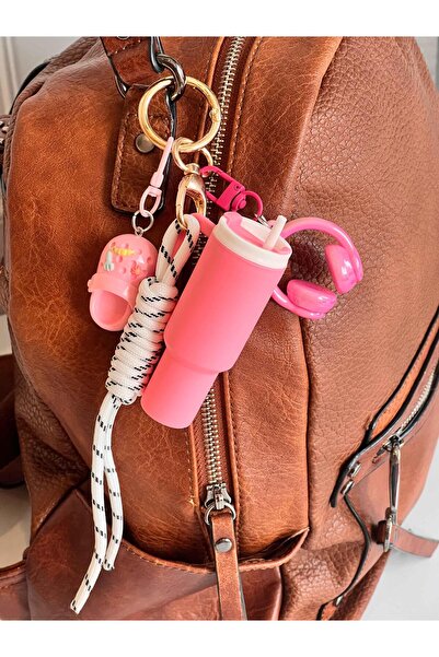 ROSSEV سلسلة مفاتيح على شكل ترمس وردي - زينة للحقائب (نموذج شبشب، نموذج سماعات)