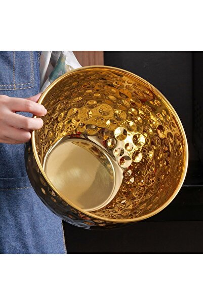 Qerhome Stainless Steel Gold Forged Korean Style Mixing Bowl 28 cm Gold