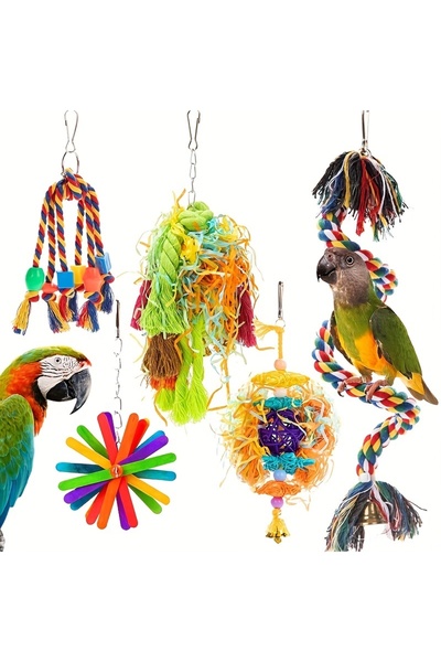 Choice 5pcs/Set Parrot Chew Toys, Rope Rattan Ball Paper Colored Bird Supplie...