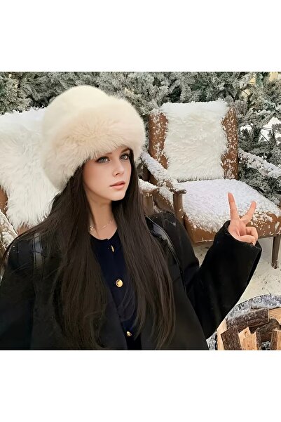 Hüma Butik Takı & Aksesuar Kadın Krem Peluş Kışlık Şapka | Kürklü Yumuşak Şapka
