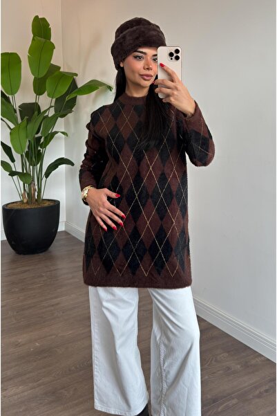 Mahhar Baklava Desenli Simli Tunik - Kahverengi