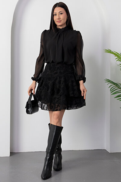 PULLIMM Crew Neck Skirt Flocked Chiffon Dress Grs3863