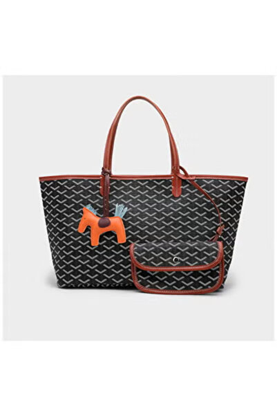 Generic Black & Gray Geometric Pattern Tote Bag with Brown Trim & Horse Charm