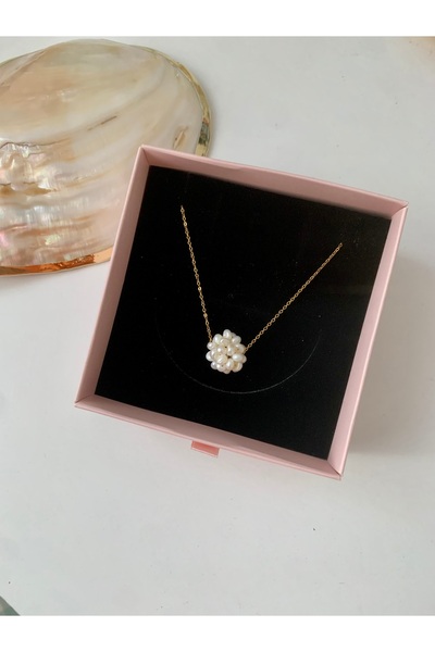 JOVİ ATELİER Doğal İnci Çiçeği Kolye - Çelik İnce Zincir - 40cm + 5cm