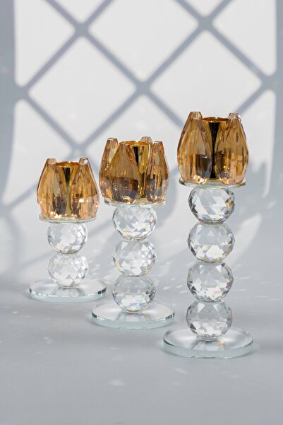 LeylArt Sarı Kristal Cam Mumluk Şamdan 3'lü Set – El İşçiliği Lotus Başlık, 3...