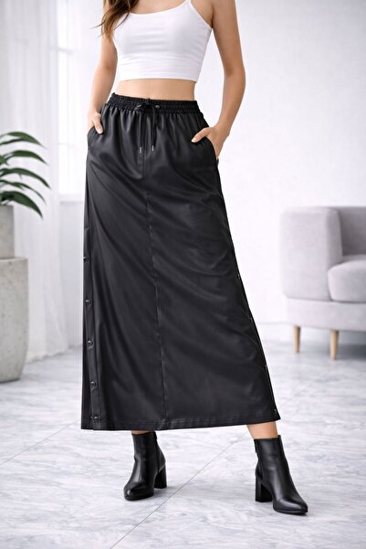 KN Fashion Kadın Deri Uzun etek çıt çıt detaylı