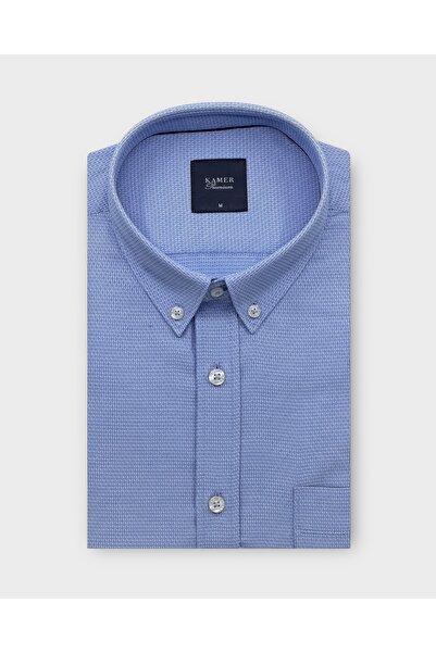 KAMER Regular Fit Long Sleeve Buttoned Collar Dobby Blue Shirt 4070m