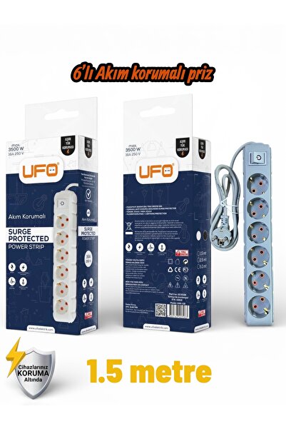UFO Akım Korumalı 1.5 mt Kablolu Grup Priz Max 3500W 16 Amper Aşırı Yük Korum...